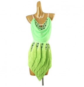 Neon Green Fringe competition latin dance dresses for women Girls salsa rumba chacha latin performance costumes for lady